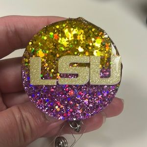 LSU glittery badge reel